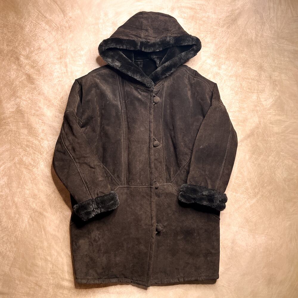 Vintage 90s J Percy Marvin Richards Suede Leather Hooded Coat Faux Fur Lining